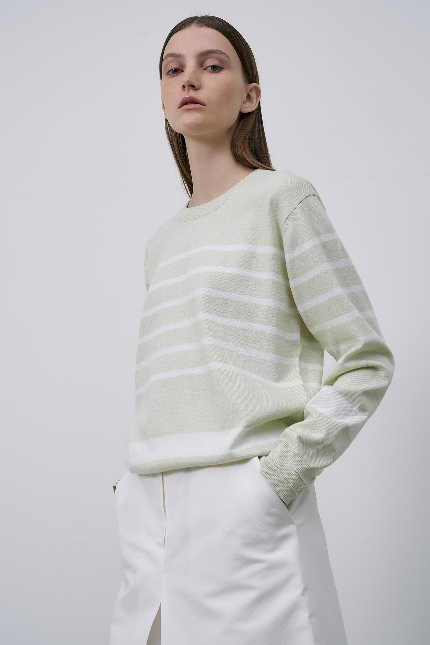 [문지인 착용]Plain Stripe Cotton Knit-Light Green
