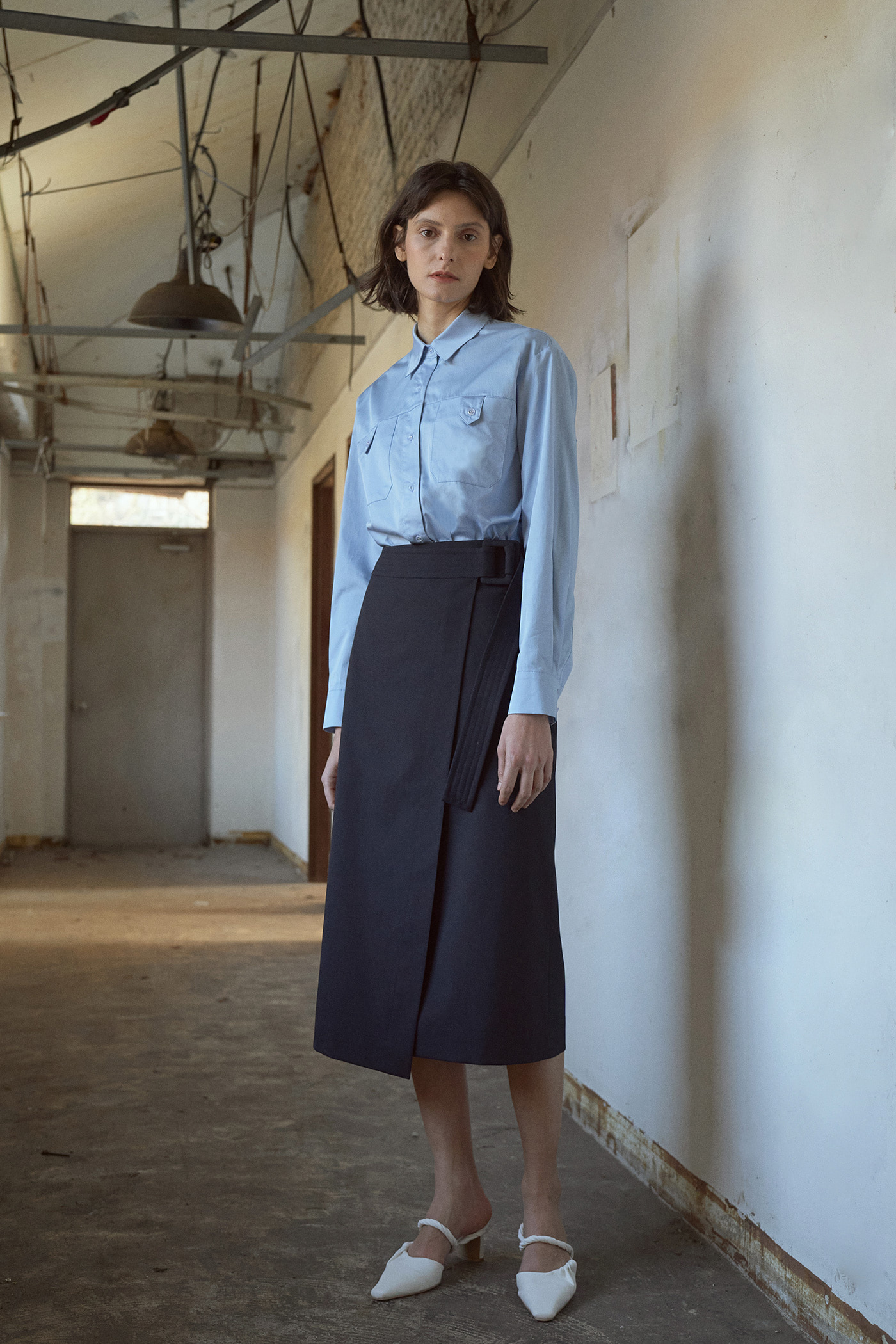 [SAMPLE][박하나 착용]Wool Stitch lap skirt-Navy