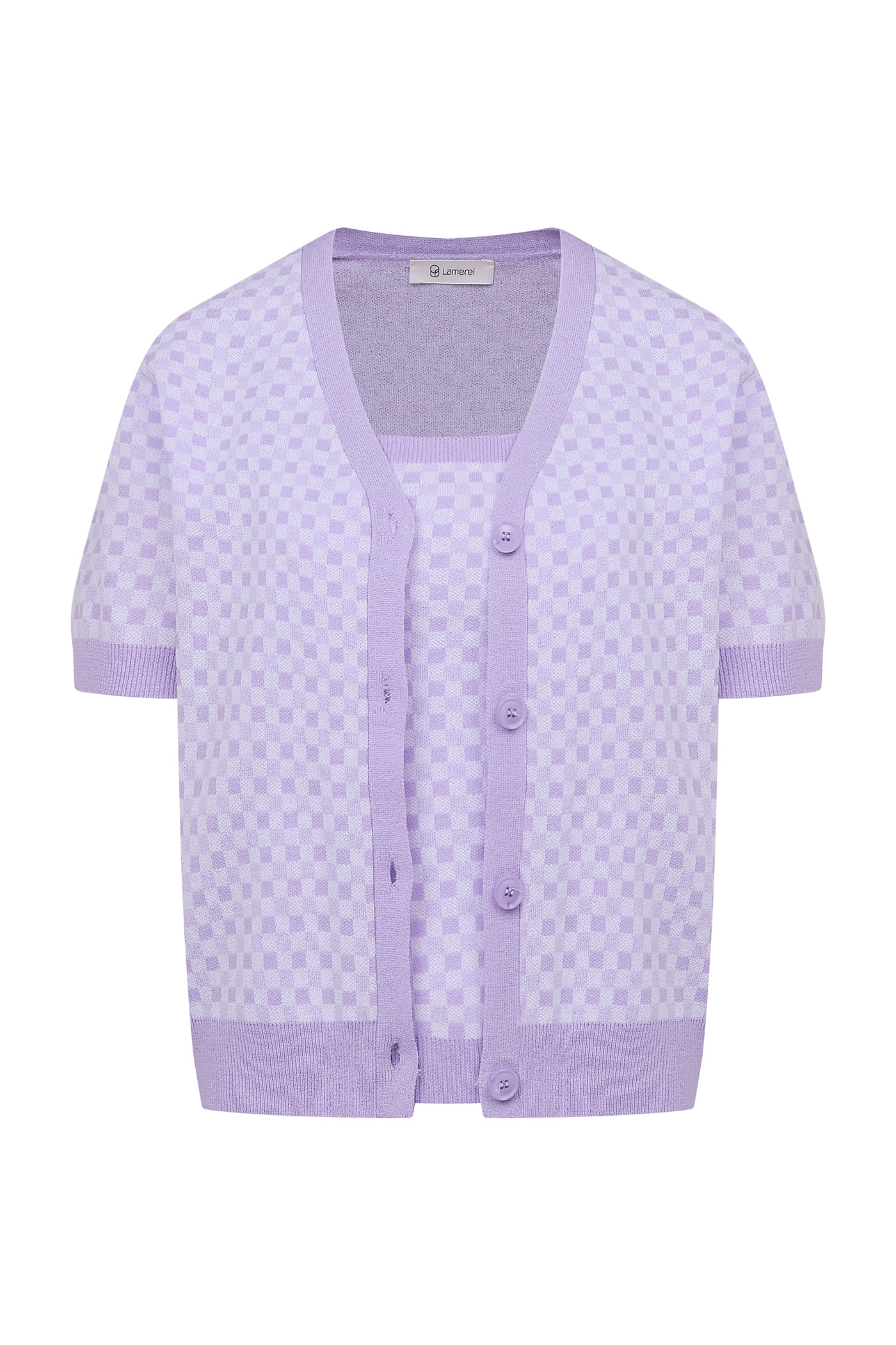 Gingham Check Sleeveless Knit Top-Light Purple