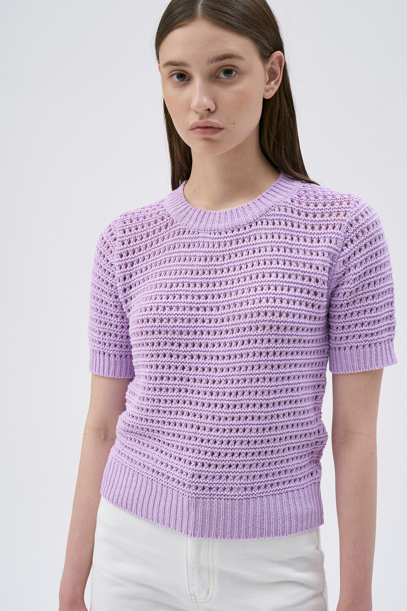 Crew Neck Crochet Knit Top-Purple