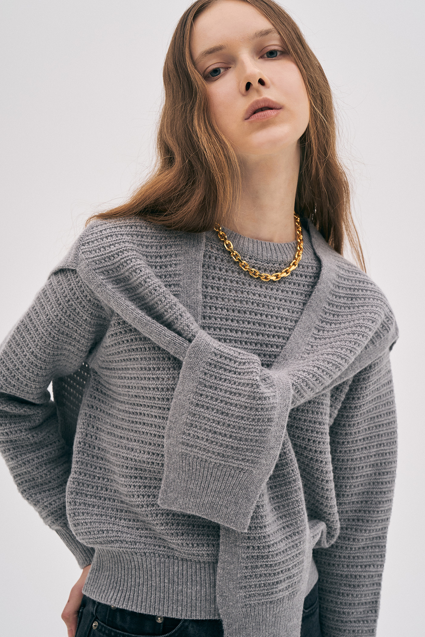 [SAMPLE]Wool Crochet Knit Top[LMBBAUKN129]-Melange Gray