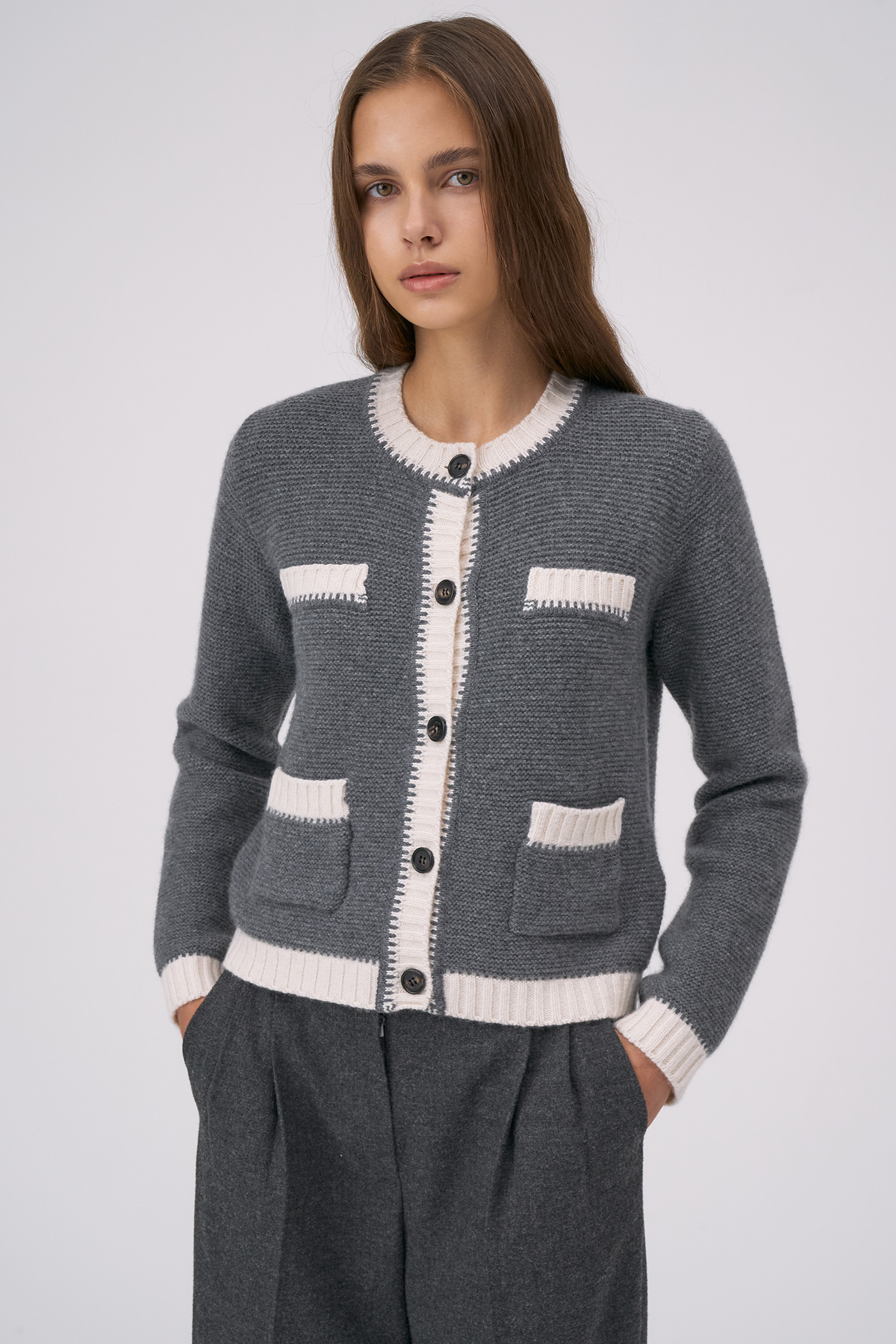 Wool Poket Color Block Cardigan[LMBBWIKN141]-Gray