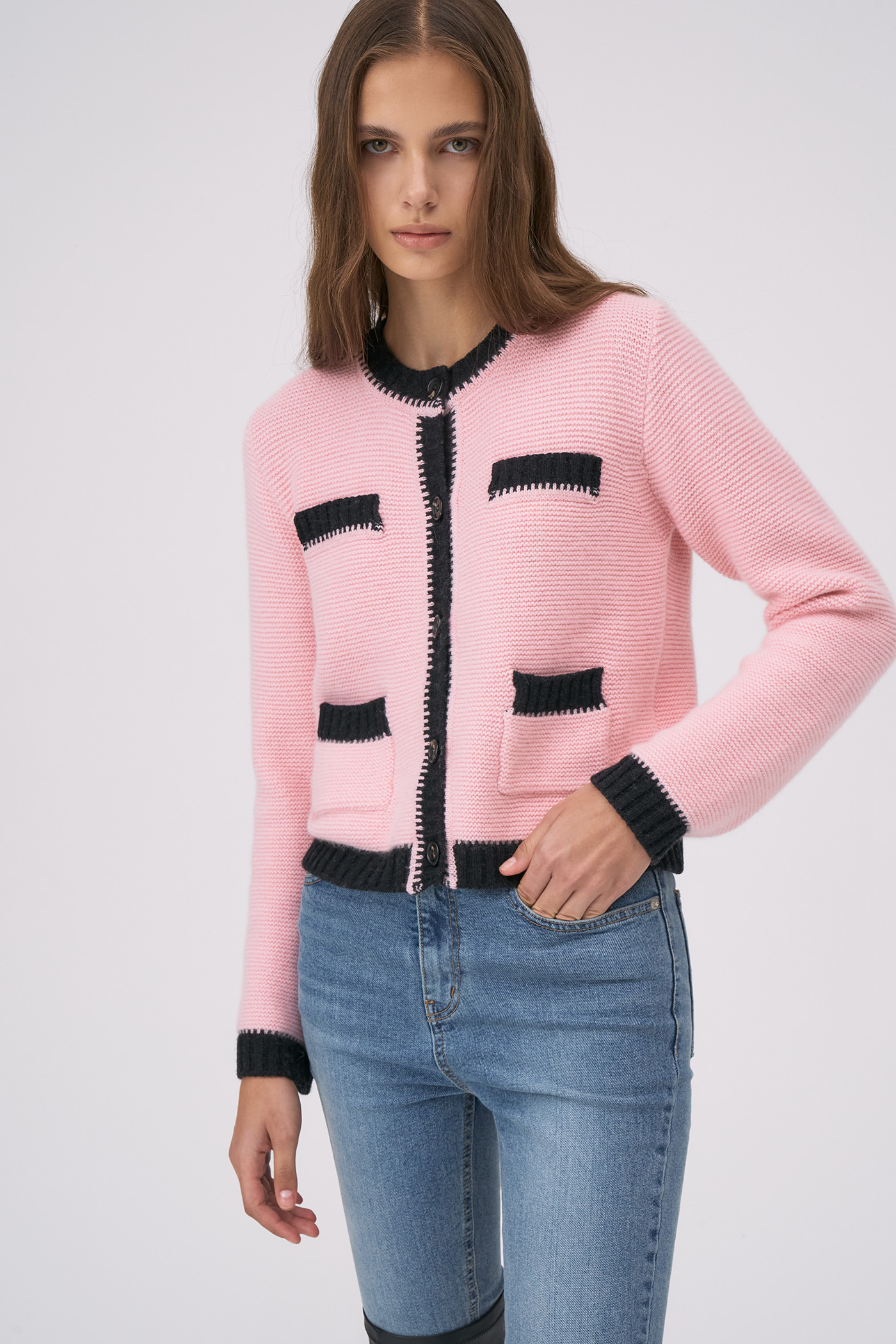 Wool Poket Color Block Cardigan[LMBBWIKN141]-Pink