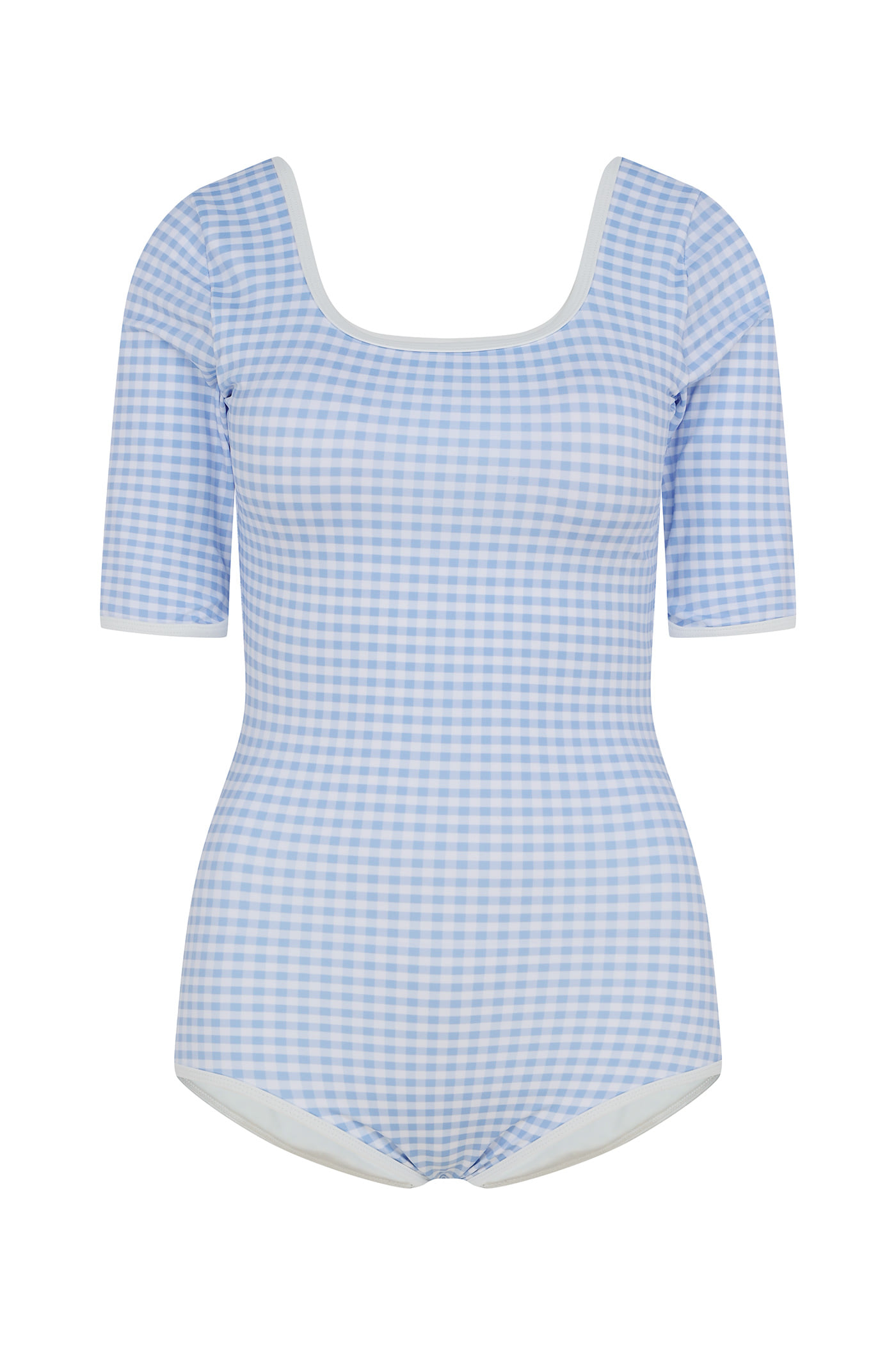 Gingham Check Square Neck SwimSuit-Sky Blue