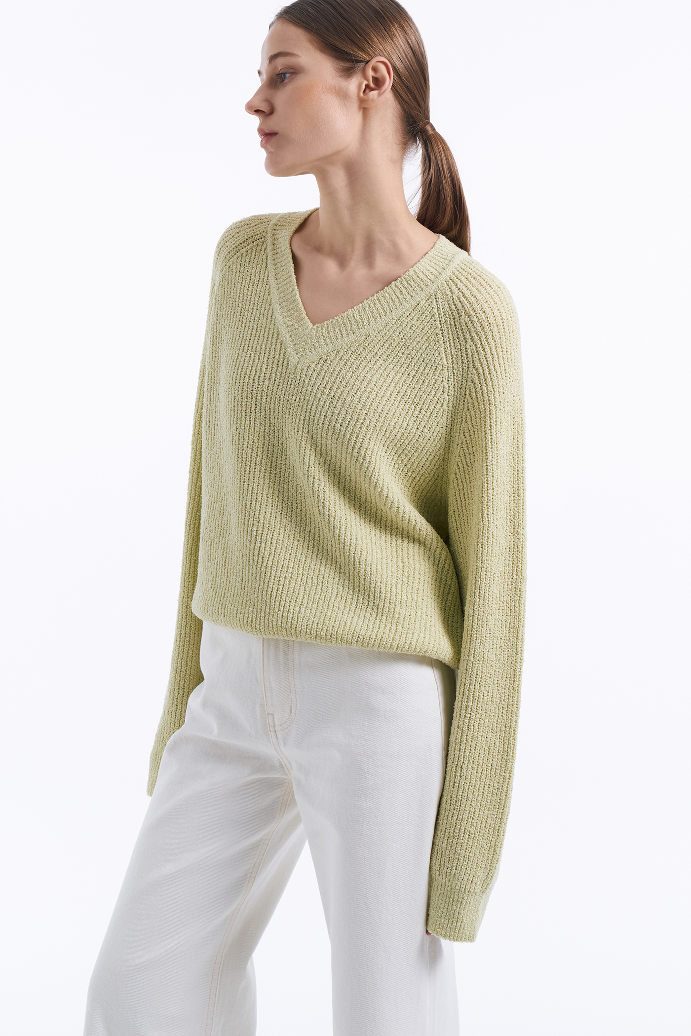 Boucle V-neck Knit Top[LMBCSPKN177]-Yellow Green