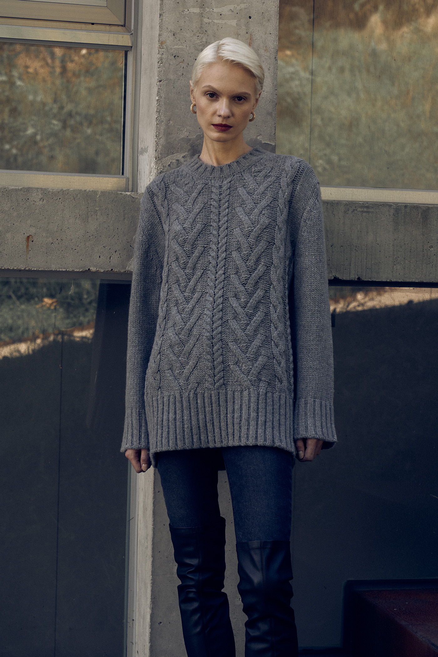 Wool Over Fit Cable Kint Top[LMBBWIKN142]-Melange Gray