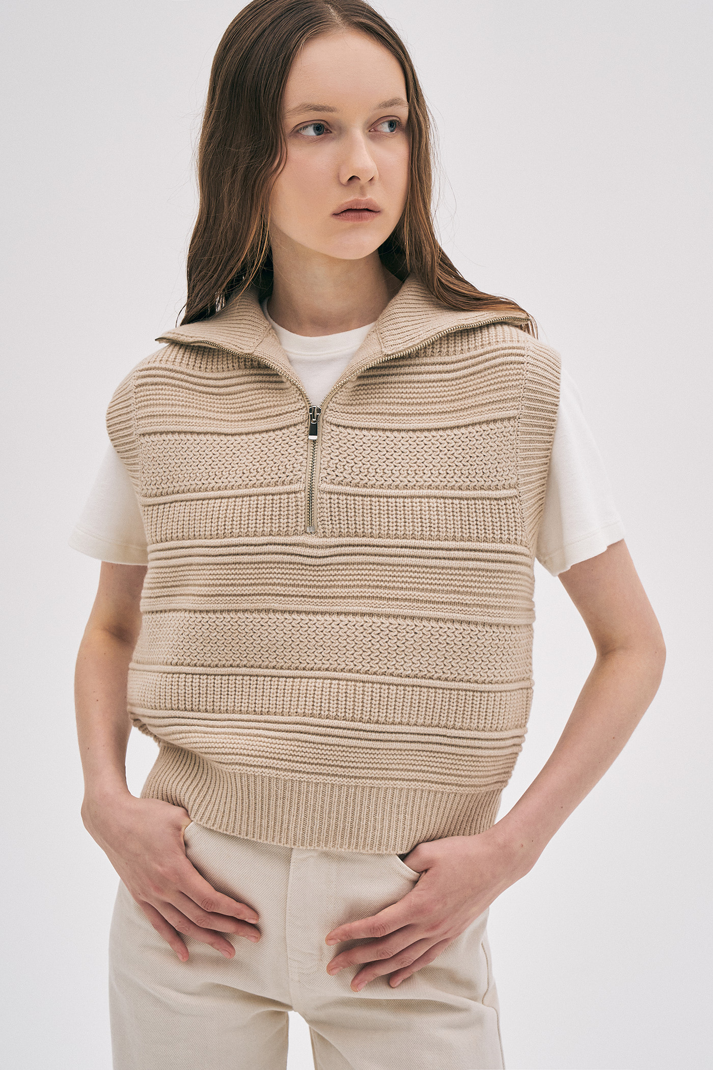 Wool Half Zip-Up Vest[LMBBAUKN147]-Beige