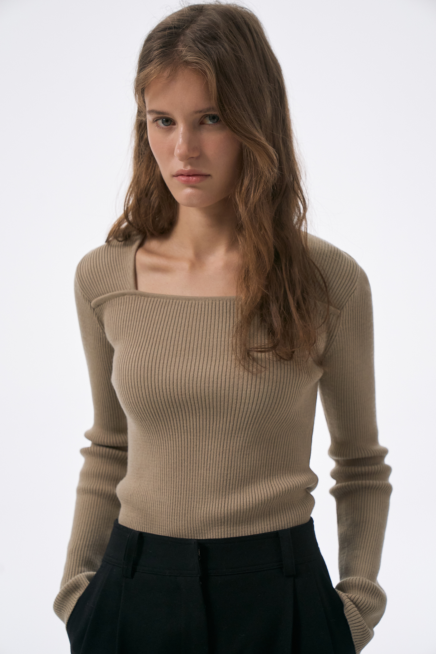 Square Ribbed Long Sleeve Top[LMBCAUKN203]-Beige