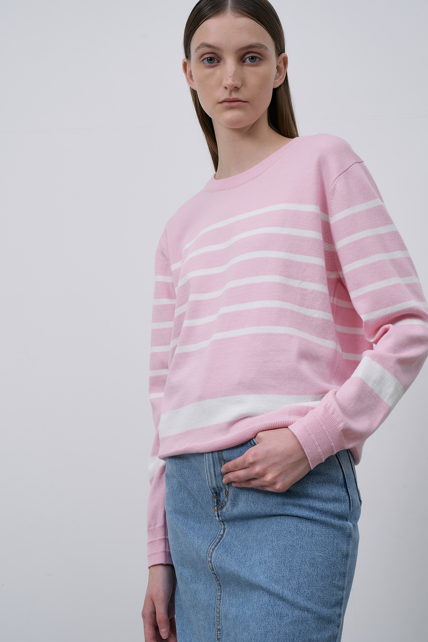 Plain Stripe Cotton Knit-Pink
