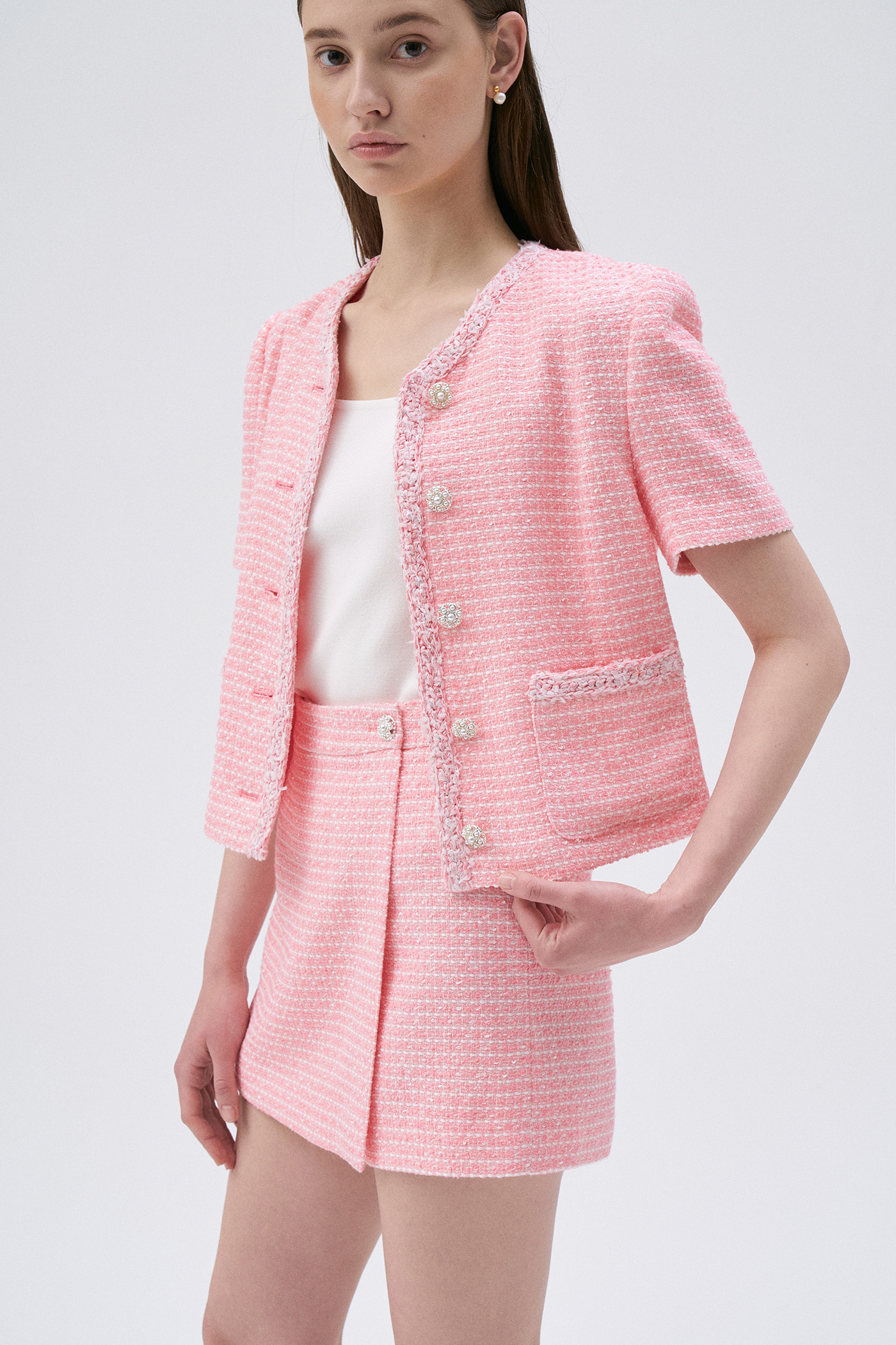 Half Sleeve tweed Jacket-Pink