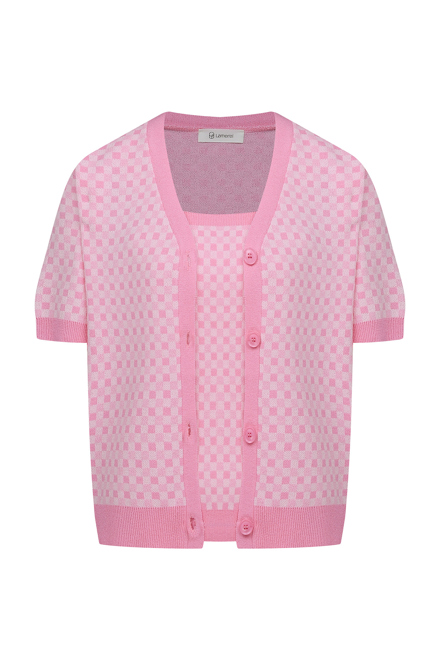 Gingham Check Sleeveless Knit Top-Pink
