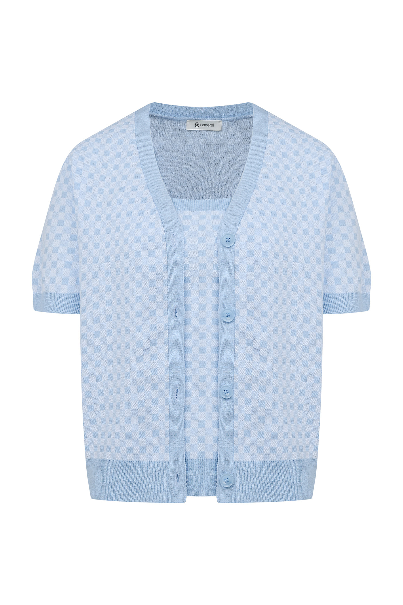 Gingham Check Sleeveless Knit Top-Sky Blue