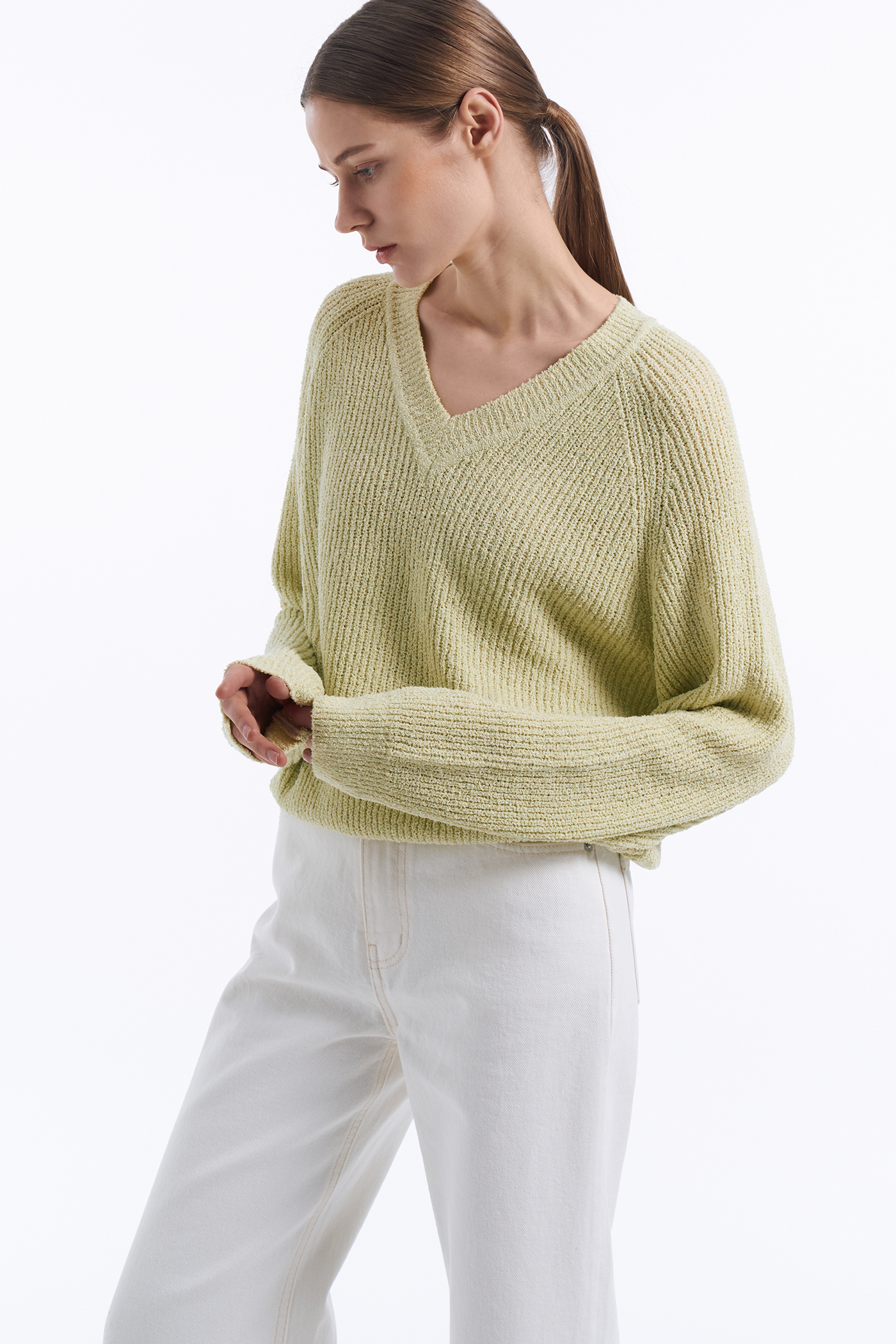 Boucle V-neck Knit Top[LMBCSPKN177]-Yellow Green