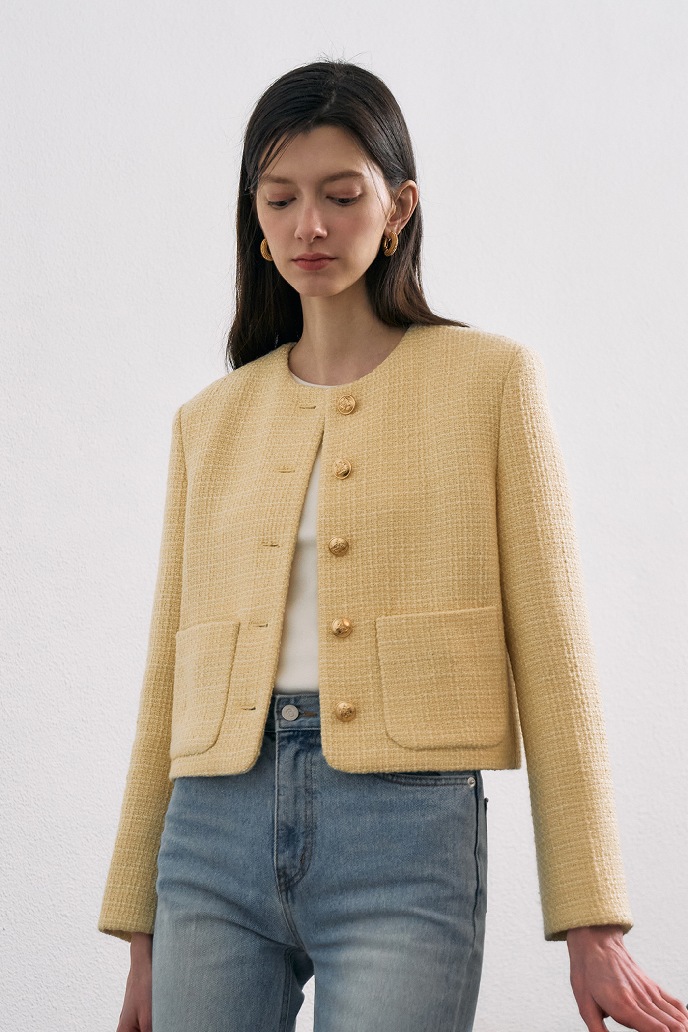 Crop Tweed Jacket[LMBCSPJK105-1]-Light Yellow