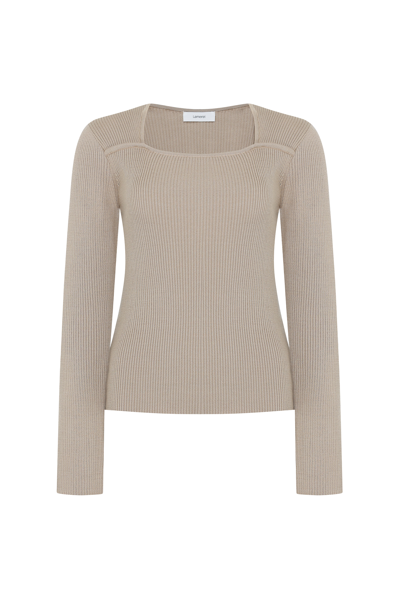 Square Ribbed Long Sleeve Top[LMBCAUKN203]-Beige
