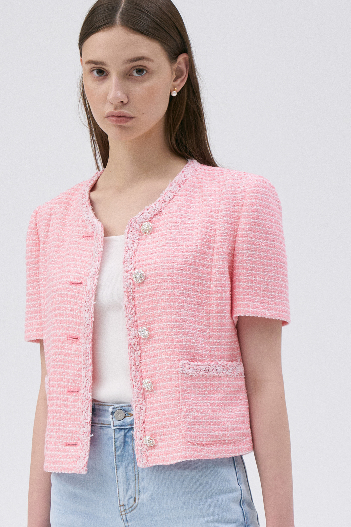 Half Sleeve tweed Jacket-Pink