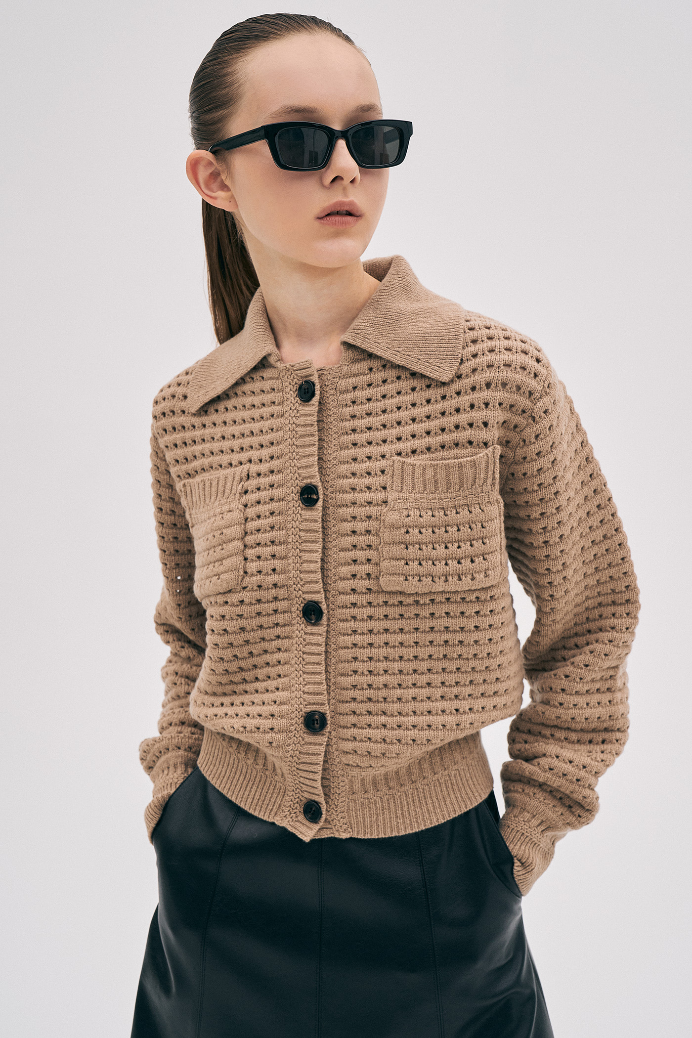 Wool Crochet Collar Cardigan[LMBBWIKN152]-Linen Beige