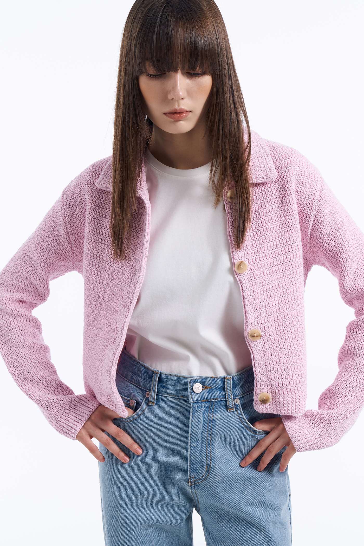 Crop Knit Cardigan[LMBCSPKN164]-Pink